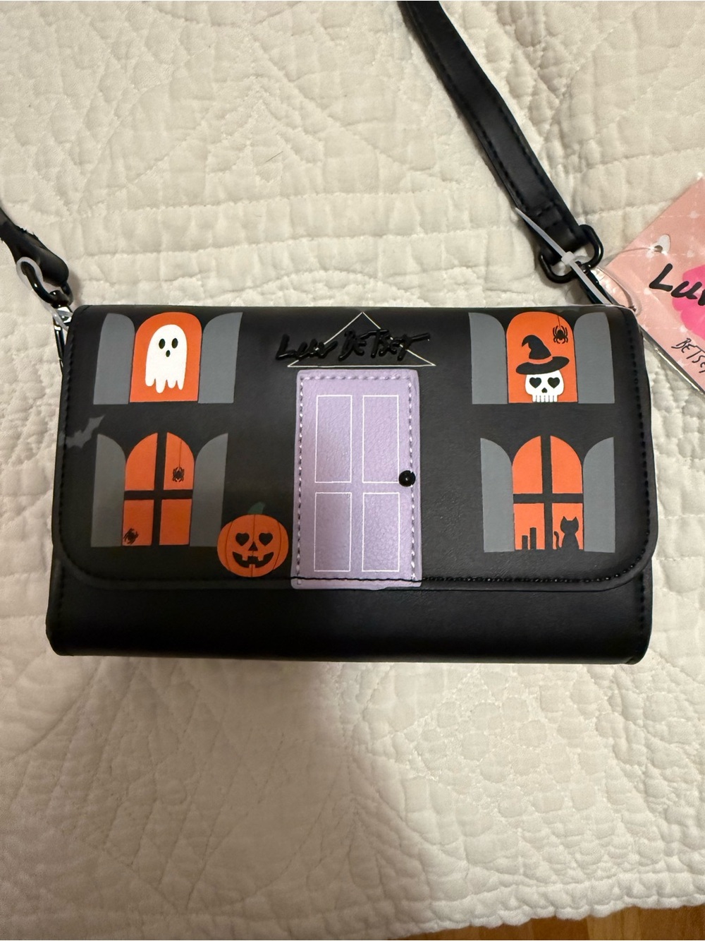 Betsy Johnson Halloween House Crossbody Bag - Black with Orange & Lavender NWT